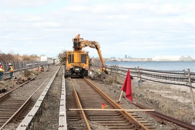 The A Train bridge to the Rockaways was heavily damaged during Hurricane Sandy. This photo shows early repair work underway as of November 3, 2012.
